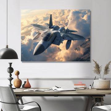 Fighter Jet In Action Above The Clouds - Train Canvas Wall Art